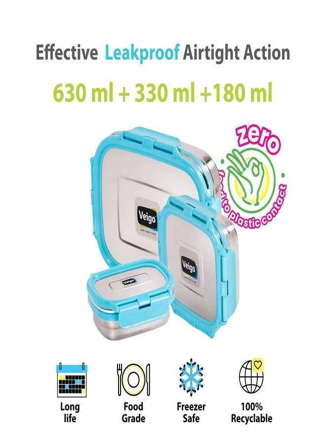 Veigo Celebration Steel Lunch Box Set (630ml + 330ml + 180ml) | Airtight & Leak-Proof Design for Spill-Free Meals | Perfect for School, Office, Travel & Outdoor Use | Ideal for Gifting| Aqua Blue - Image 2